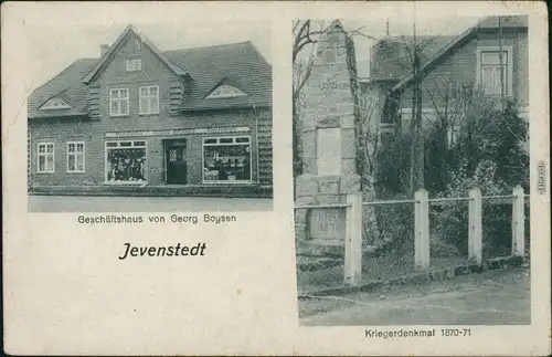 Ansichtskarte Jevenstedt Geschäftshaus, Kriegerdenkmal 1930