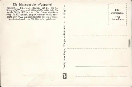 Ansichtskarte Wuppertal Schwebebahn 1953