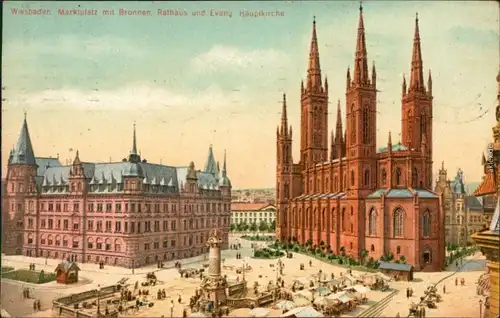 Ansichtskarte Wiesbaden Markt mit Rathaus und Evangelische Hauptkirche 1911