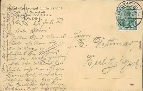 Ansichtskarte Darmstadt Ludwigshöhe - Hotel/Restaurant 1911