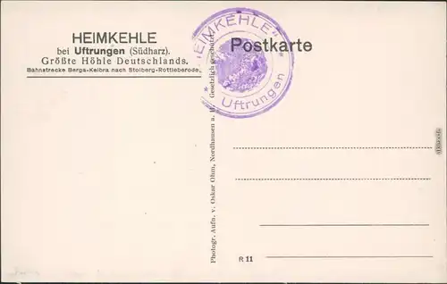 Ansichtskarte Uftrungen-Südharz Heimkehle - Tyrahalle mit Tyrasee 1914