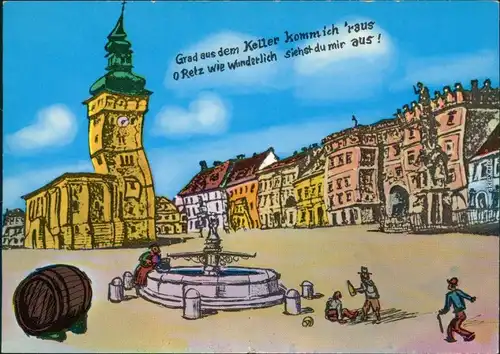 Ansichtskarte Retz NÖ Humor: Rathaus mit Hauptplatz 1985