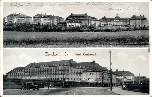 Ansichtskarte Zwickau Panorama-Ansichten mit Staatl. Krankenstift 1932