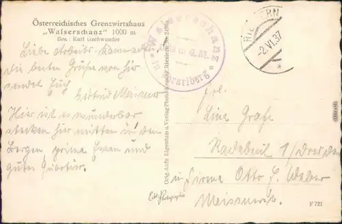 Ansichtskarte Riezlern-Mittelberg Grenze Grenzwirtschaft Walserschanz 1937 