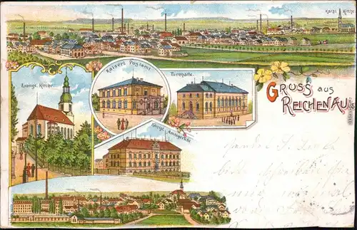Reichenau in Sachsen Bogatynia Litho: Fabriken, Kirche, Turnhalle, Postamt 1900 