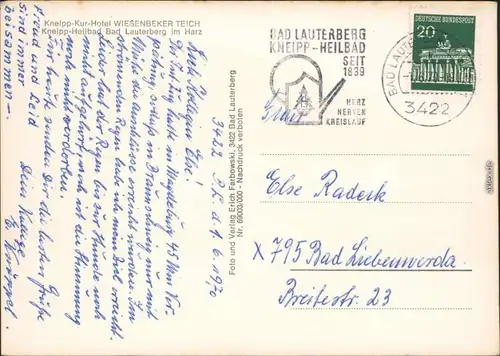 Ansichtskarte Bad Lauterberg im Harz Kneipp-Kur-Hotel Wiesenbeker Teich 1970