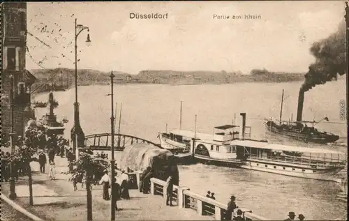 Ansichtskarte Düsseldorf Rheinpartie mit Dampferanlegestelle mit Dampfer 1925