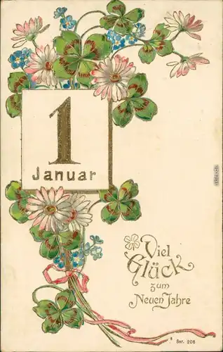  Glückwunsch - Neujahr/Sylvester - 1 Jan. mit Kleeblätter 1905 Goldrand