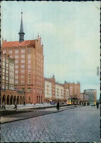 Ansichtskarte Rostock Lange Straße mit Hochhaus und Straßenbahn 1962