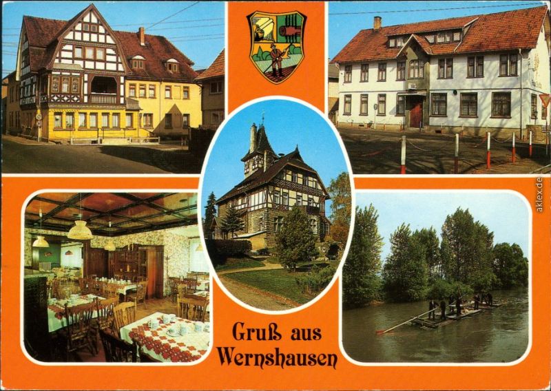Wernshausen (Werra) Eiscafé, Rat der Gemeinde, Gasthaus, Floßfahrt Werra 1988 Nr. 100844 ...