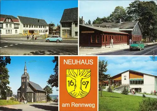 Neuhaus am Rennweg Eisfelder Straße, Rennsteigbaude, Kirche, Kaufhalle 1990