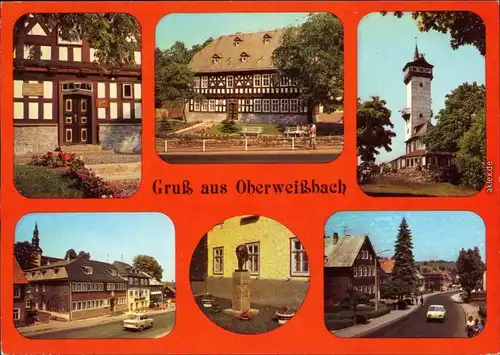 Oberweißbach Fröbelmuseum, Fröbelturm, Markt mit Gasthaus, Fröbel-Plastik 1987