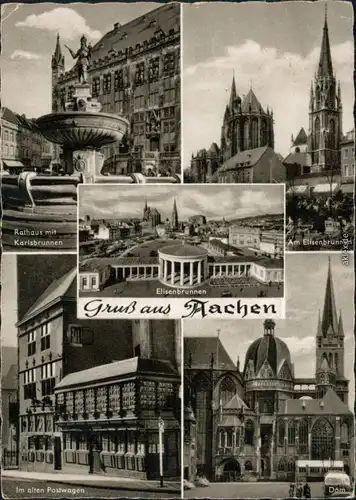 Aachen Rathaus mit Karlsbrunnen, Elisenbrunnen, Dom, im alten Postwagen 1953 