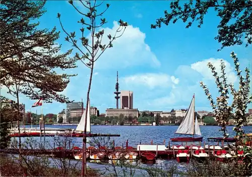 Hamburg Partie an der Außenalster,   Hotel Hamburg Plaza u. Fernsehturm 1985