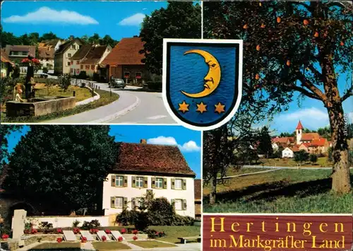 Ansichtskarte Bad Bellingen OT Hertingen: Straße, Friedhof, Kirche 1985