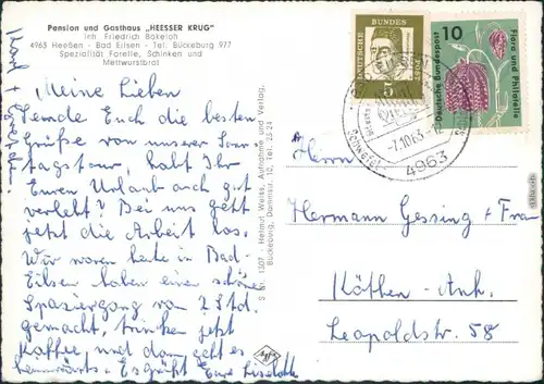 Ansichtskarte Heeßen Pension und Gaststätte "Heesser Krug" 1963