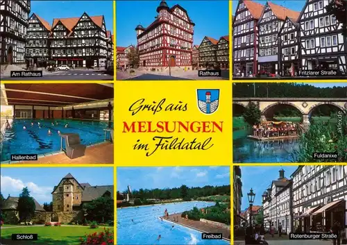 Ansichtskarte Melsungen Rathaus, Fuldanixe, Freibad, Schloß, Hallenbad 1989