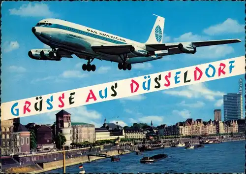 Ansichtskarte Düsseldorf Flugzeug, Panorama, Anlegestelle für Schiffe 1963