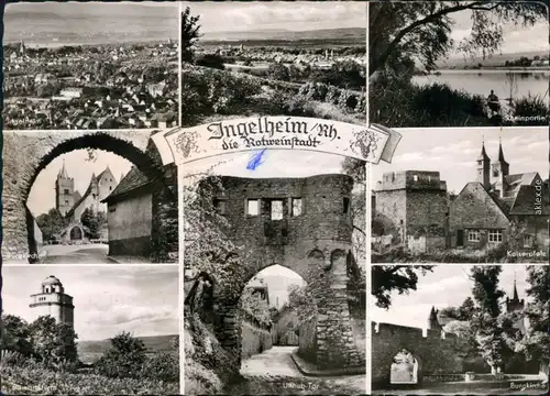 Ingelheim Burgkirche, Turm, Uffhub-Tor, Kaiserpfalz, Rheinpartie, Panorama 1960