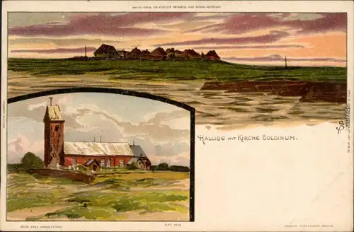 Utersum-Föhr-Amrum 2 Bild Litho: Hallige mit Kirche Boldinum 1900 