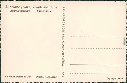 Ansichtskarte Rübeland Baumannshöhle - Säulenhalle 1958