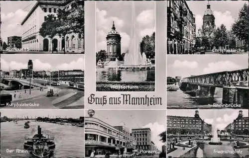 Mannheim Rathaus, Christuskirche, Kurpfalzbrücke, Rhein, Wasserturm 1965