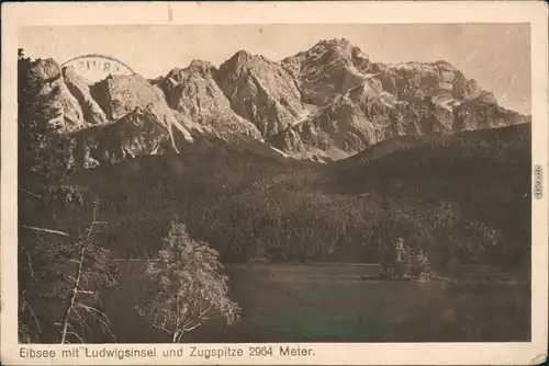 Garmisch-Partenkirchen Eibsee mit Ludwigsinsel und Zugspitze 1918 