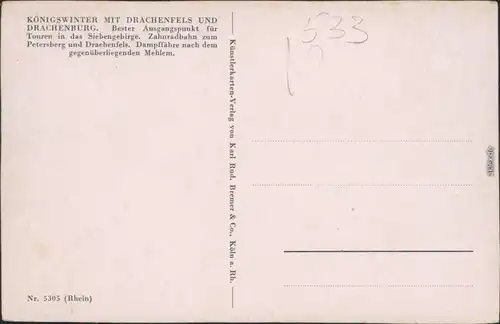 Königswinter Künstlerkarte mit Drachenfels und Drachenburg 1915