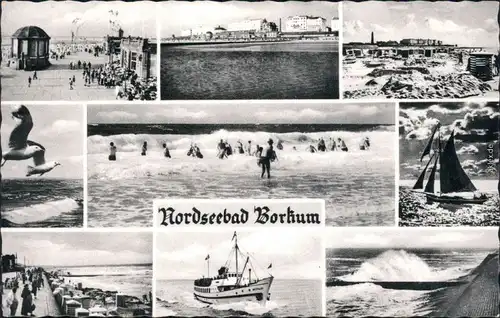 Ansichtskarte Borkum Strand, Promenade, Schiff, Möwen 1958