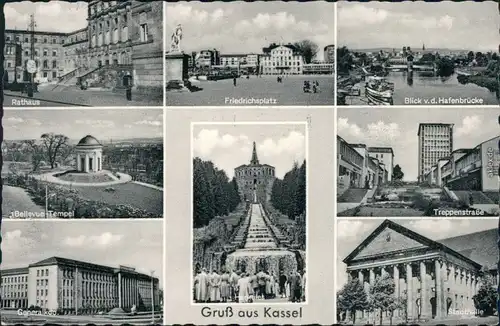 Kassel Cassel Rathaus, Friedrichsplatz, Treppenstraße, Tempel, Stadthalle 1954
