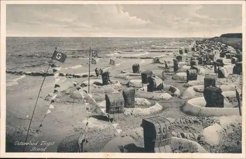 Ansichtskarte Zingst-Darss Sandburgen, Strandkörbe - Strand 1934 