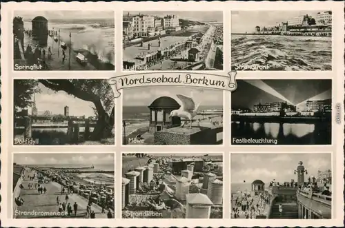 Ansichtskarte Borkum MB: Springflut, Luftbild, Strand, Festbeleuchtung 1932 