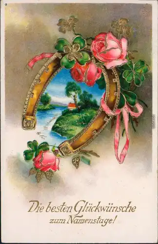  Glückwunsch - Namenstag - Blumen, Hufeisen, Kleeblatt 1937 Goldrand