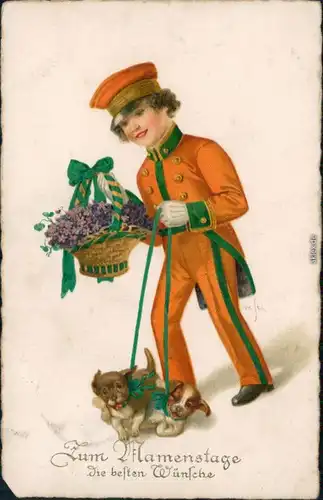 Ansichtskarte  Glückwunsch - Namenstag - Junge mit Blumenkorb und Hunde 1941