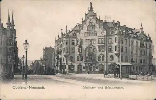 Ansichtskarte Koblenz Neustadt: Mainzerstraße und Rizzastraße 1908 
