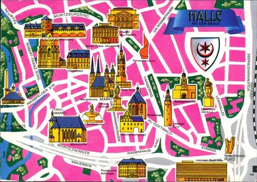 Ansichtskarte Halle (Saale) Stadtkarte - mit vielen Sehenswürdigkeiten 1986
