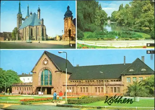 Köthen Marktplatz  Jakobskirche und Rathaus Hubertusteich Bahnhof g1979