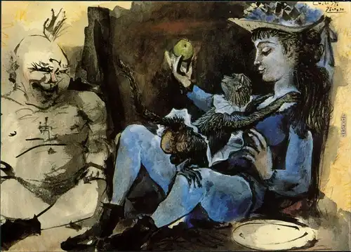 Ansichtskarte  Künstlerkarte: Gemälde v. P. Picasso "Affe und Apfel" 1954