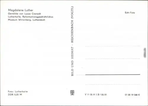  Künstlerkarte: Gemälde - Magdalene Luther v. Lucas Cranach 1981