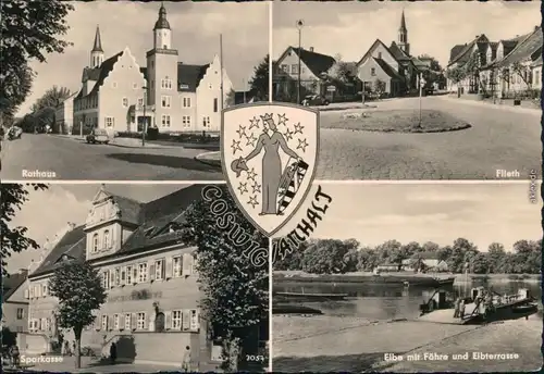 Coswig (Anhalt) Rathaus, Flieth, Sparkasse, Elbe mit Fähre und Elbterrasse 1961