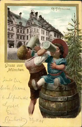 Ansichtskarte München Hofbräuhaus, Jungen beim Biertrinken 1908 Prägekarte