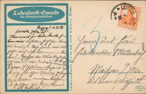  Künstlerkarte Ludendorffspende Kriegsbeschädigte Kriegsopfer 1918 
