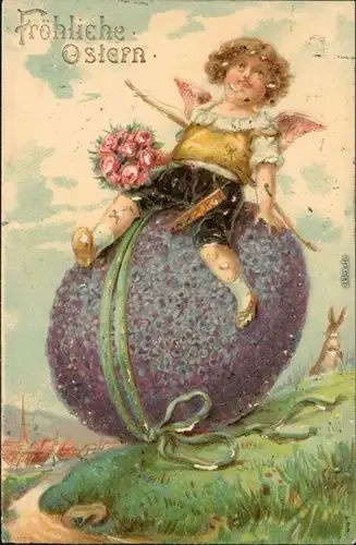 Ansichtskarte  Ostern - Engel auf Riesen-Ei 1910 Prägekarte