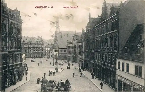 Ansichtskarte Zwickau Hauptmarkt - Geschäfte, Waren 1908 