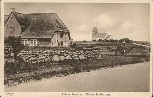 Keitum (Sylt) Kejtum / Kairem Friesenhaus mit Kirche in Keitum - Sylt 1924 