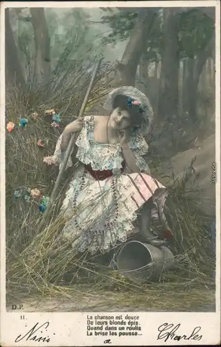 Ansichtskarte  Junge Frau im Feld - coloriertes Foto - Erotik 1908 
