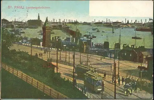 St. Pauli-Hamburg Partie an den Landungsbrücken - Straßenbahn 1908 