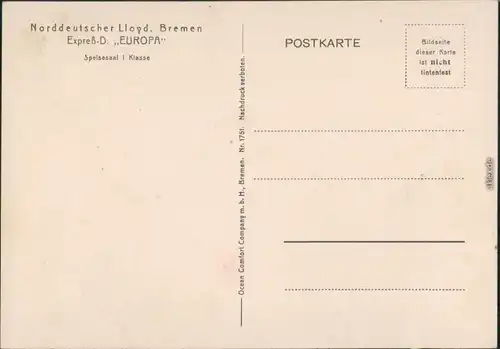  Norddeutscher Lloyd Bremen Express Dampfer Europa Speisesaaal 1928 