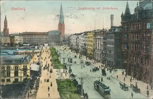 Ansichtskarte Hamburg Jungfernstieg mit Alsterdamm Straßenbah  1906