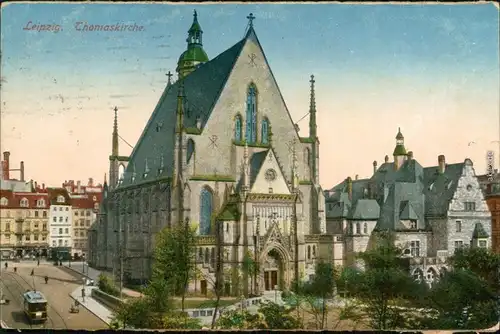 Ansichtskarte Leipzig Thomaskirche Straße und Straßenbahn  1924